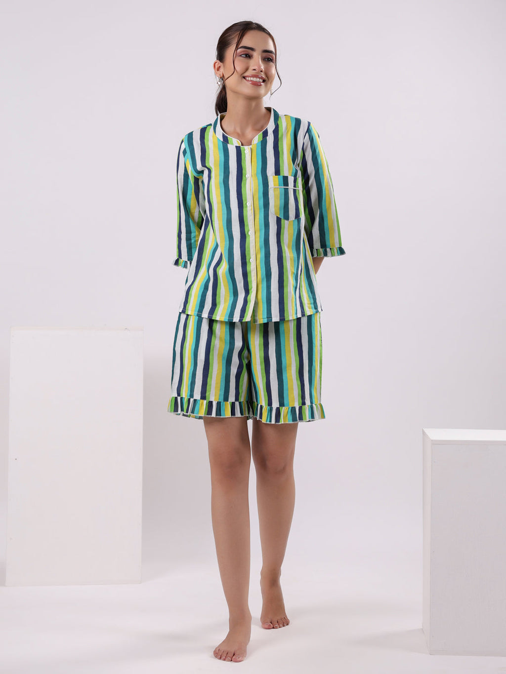 Multicolor Striped Printed Night Suit Set - SanskrutiHomes 