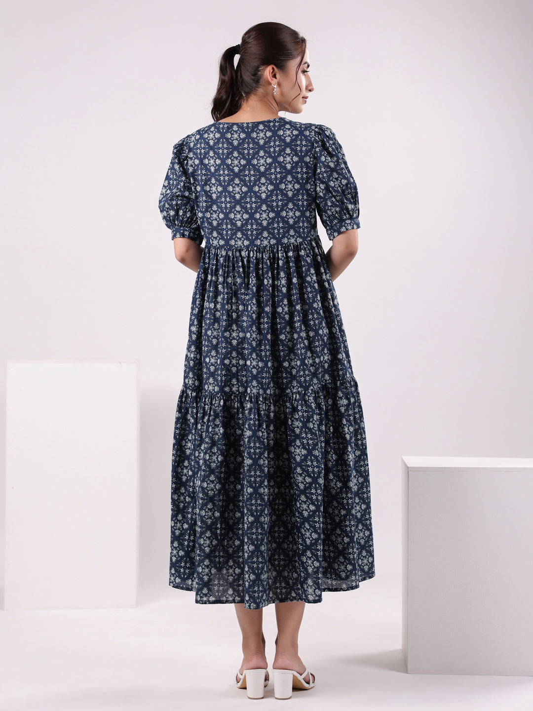 Floral Print Puff Sleeve Dress for Women - SanskrutiHomes 
