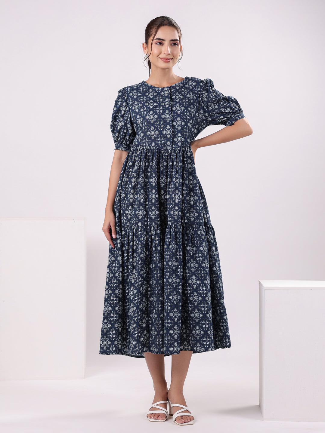 Floral Print Puff Sleeve Dress for Women - SanskrutiHomes 
