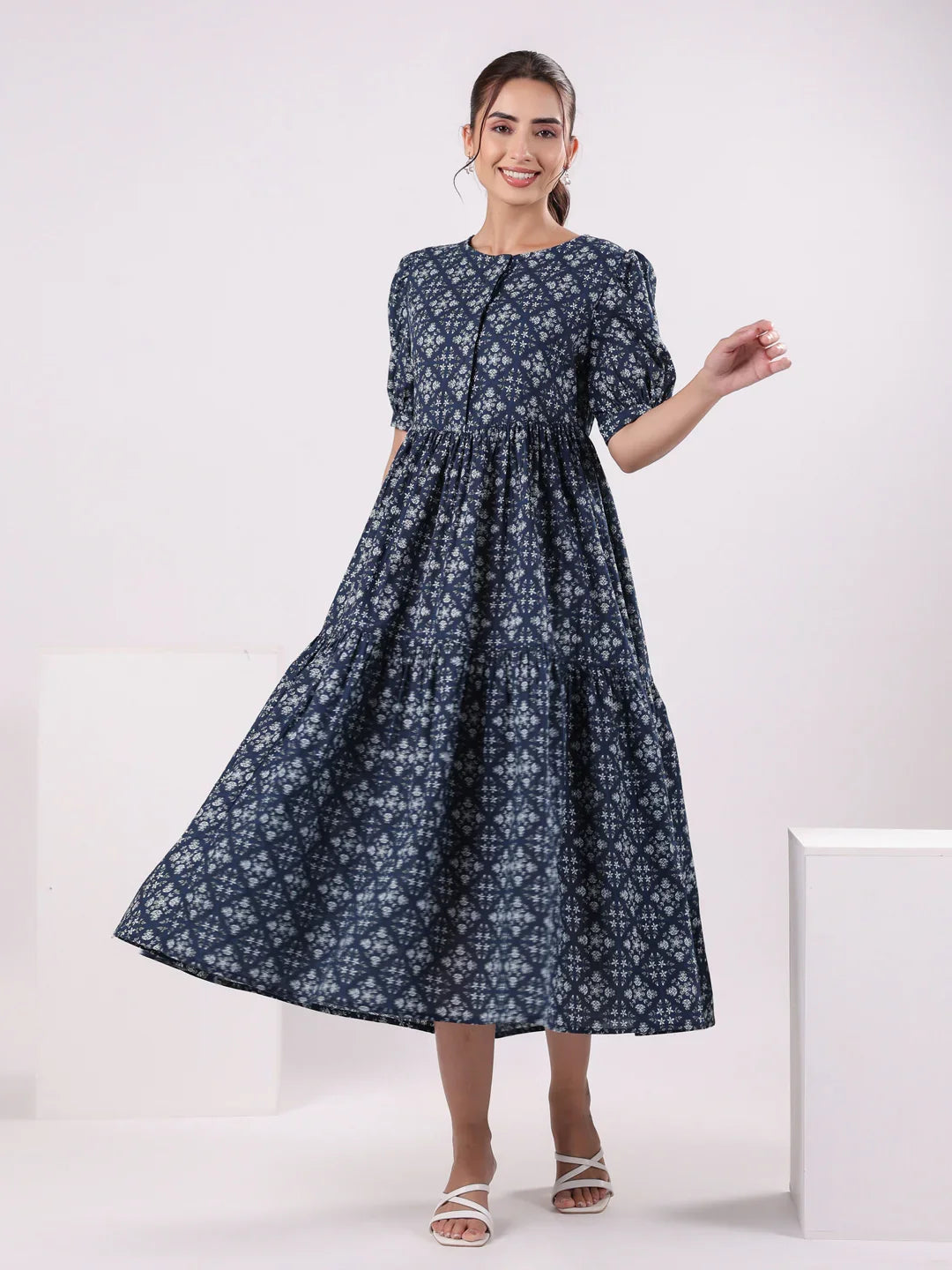 Floral Print Puff Sleeve Dress for Women - SanskrutiHomes 