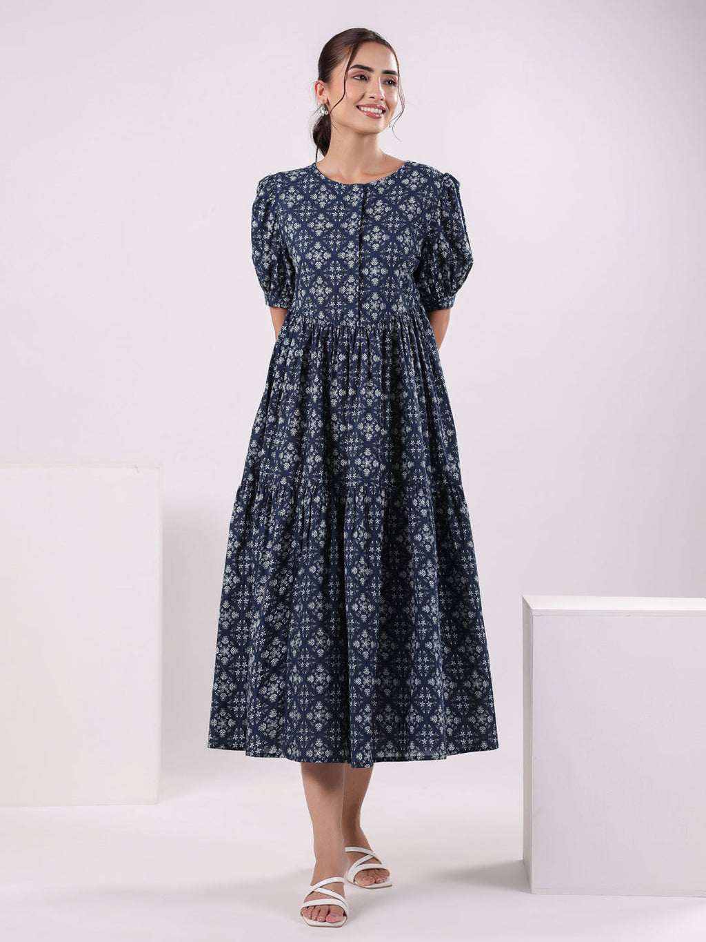 Floral Print Puff Sleeve Dress for Women - SanskrutiHomes 
