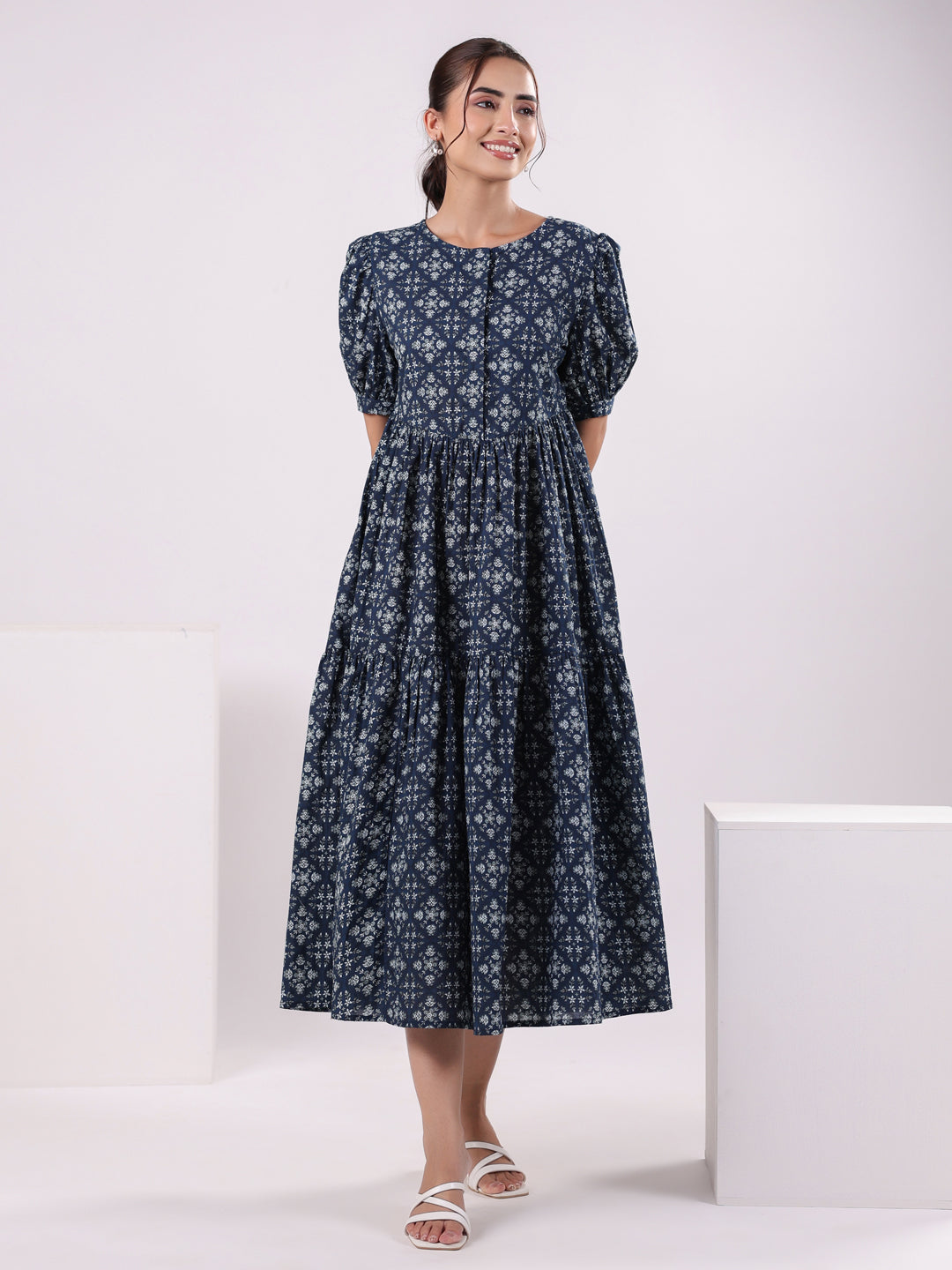 Floral Print Puff Sleeve Dress for Women - SanskrutiHomes 