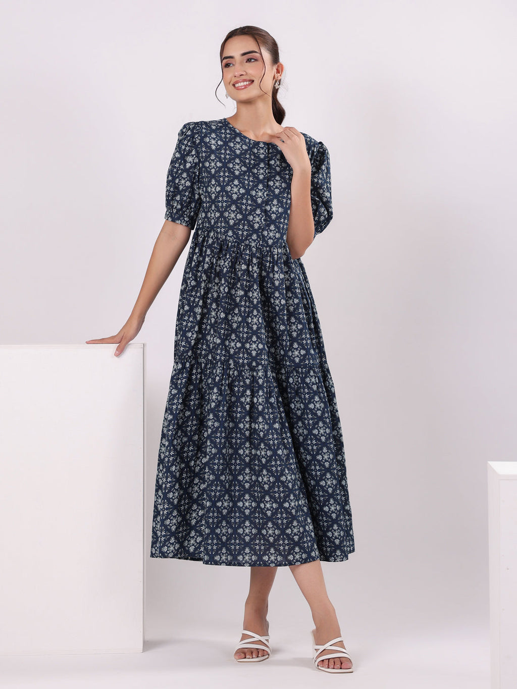 Floral Print Puff Sleeve Dress for Women - SanskrutiHomes 