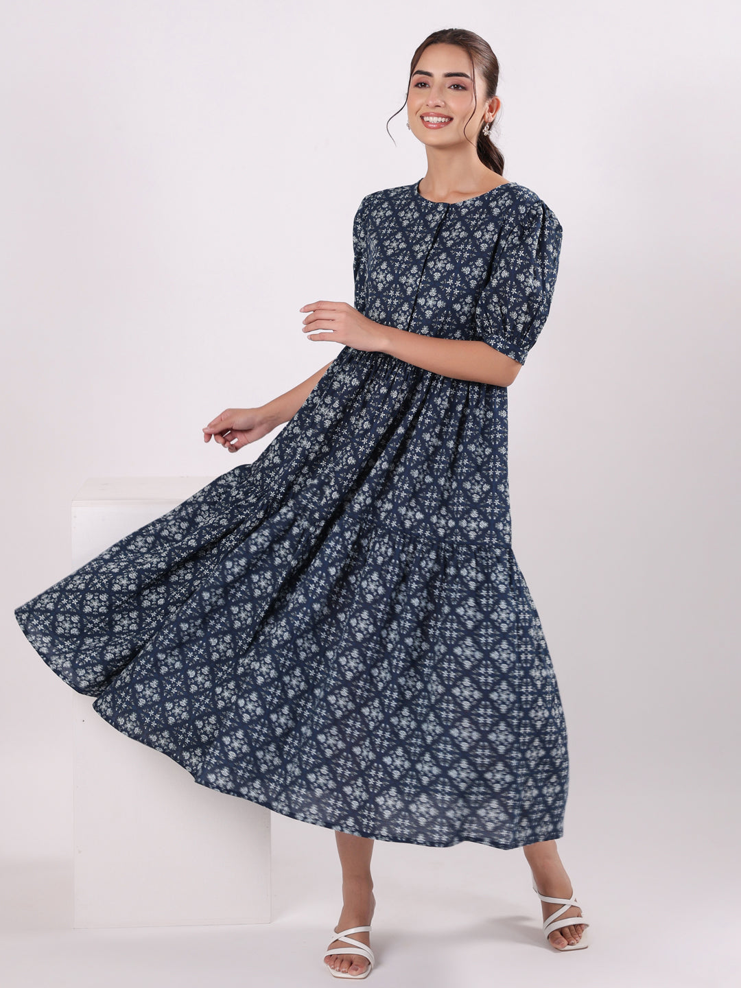 Floral Print Puff Sleeve Dress for Women - SanskrutiHomes 