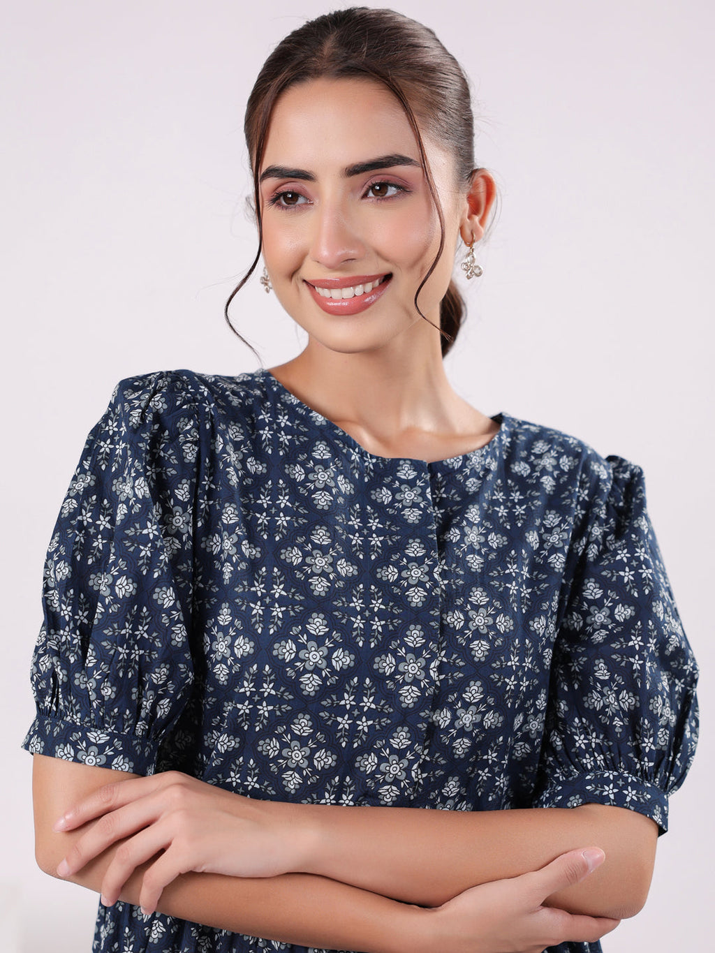 Floral Print Puff Sleeve Dress for Women - SanskrutiHomes 