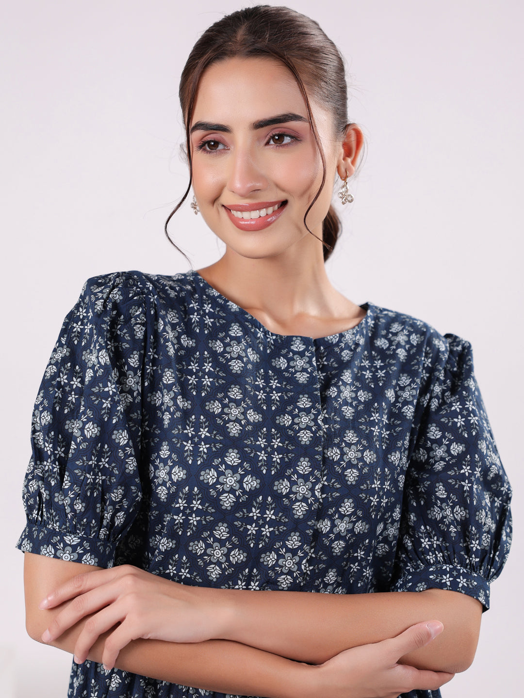 Floral Print Puff Sleeve Dress for Women - SanskrutiHomes 