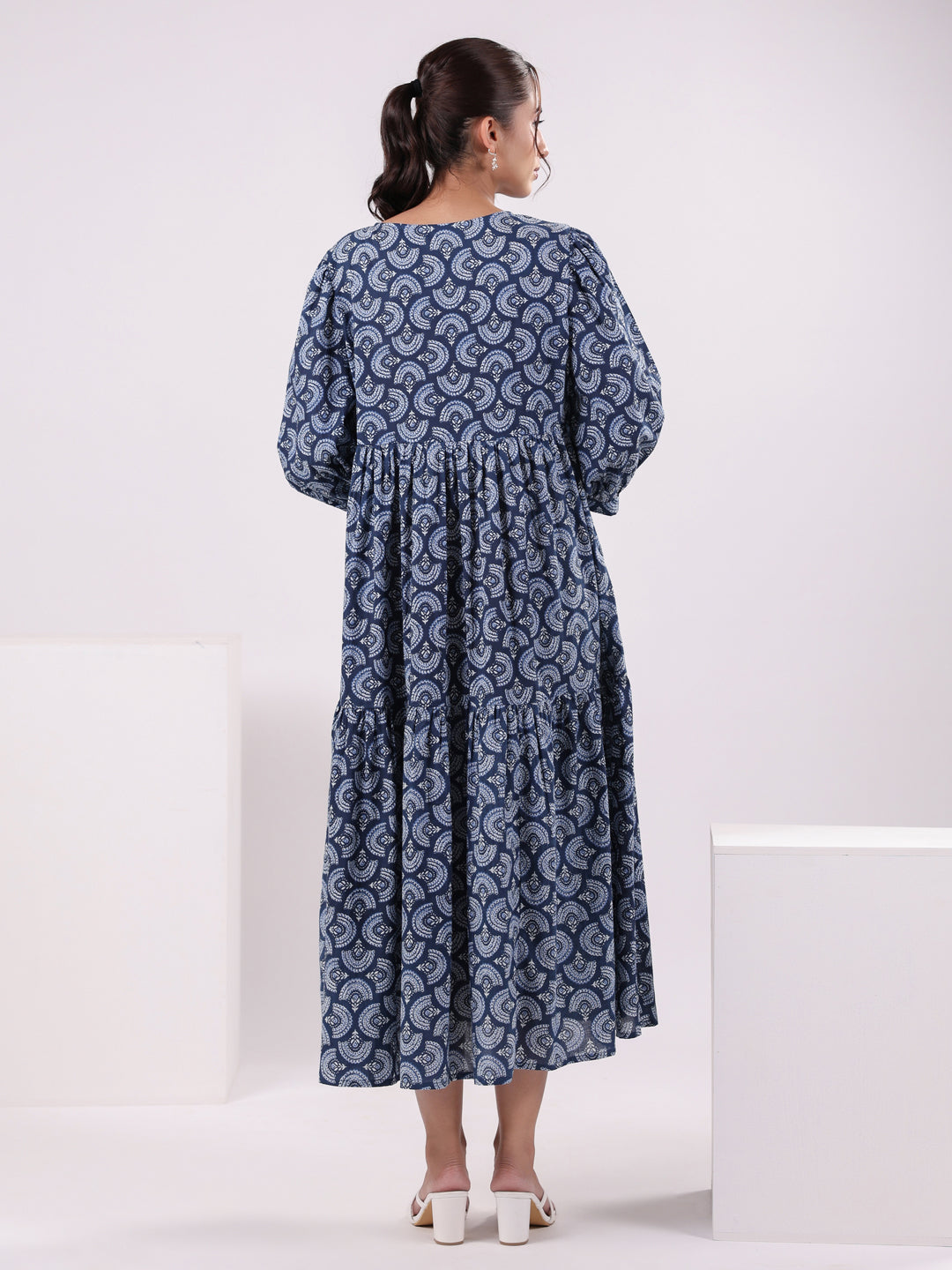 Women Floral Print Puff Sleeve Dress - SanskrutiHomes 