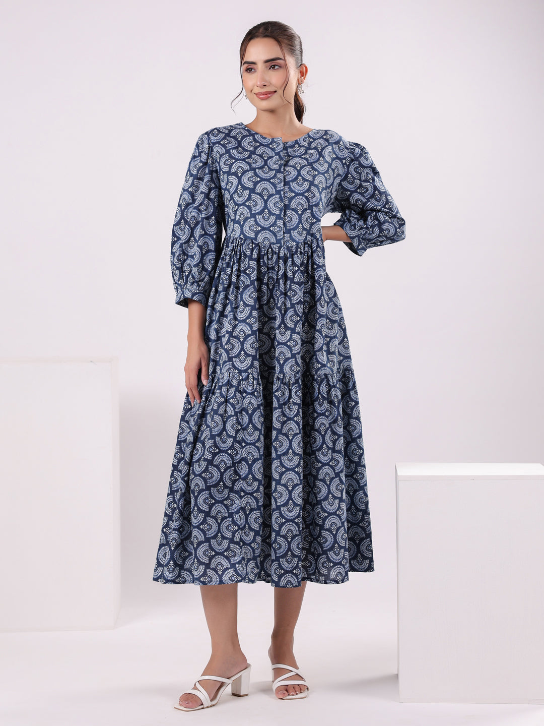 Women Floral Print Puff Sleeve Dress - SanskrutiHomes 
