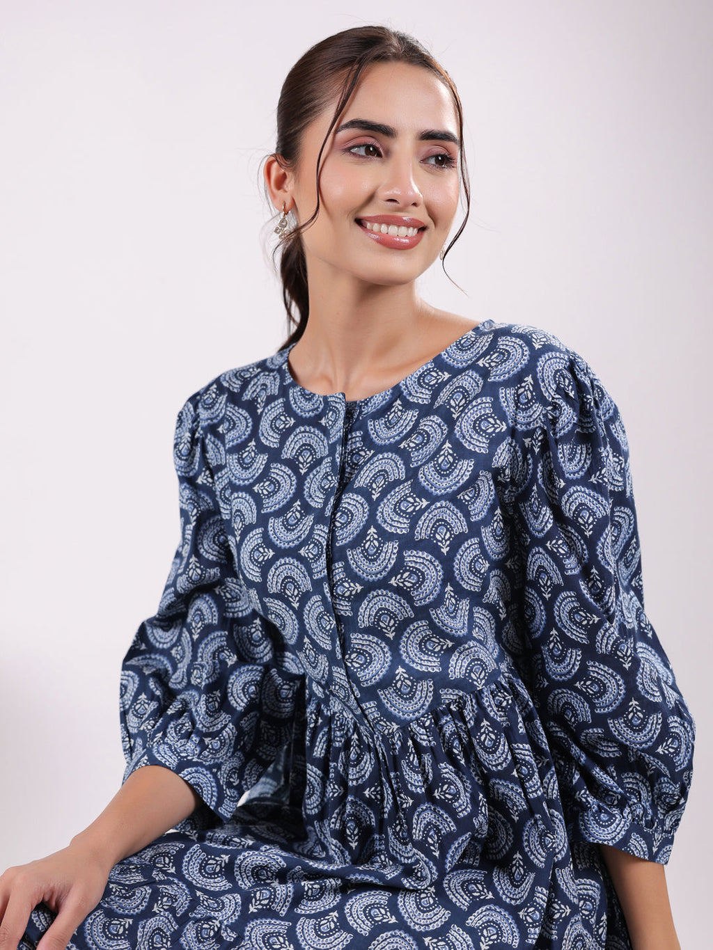 Women Floral Print Puff Sleeve Dress - SanskrutiHomes 