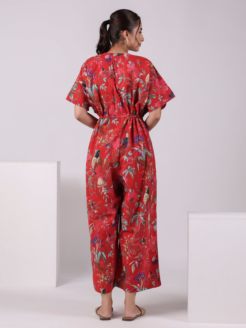 Red Floral Printed Jumpsuit for Women - SanskrutiHomes 