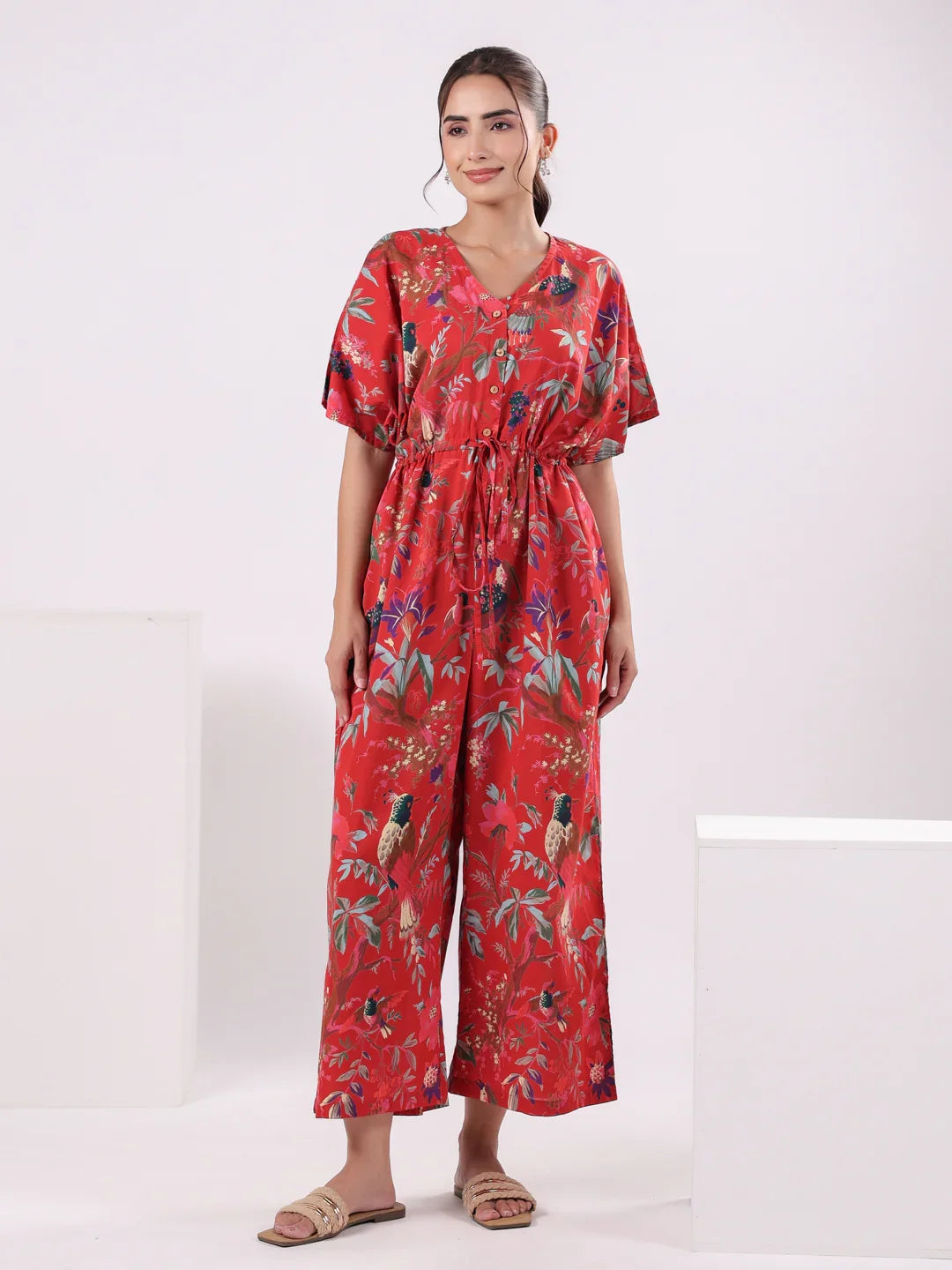 Red Floral Printed Jumpsuit for Women - SanskrutiHomes 
