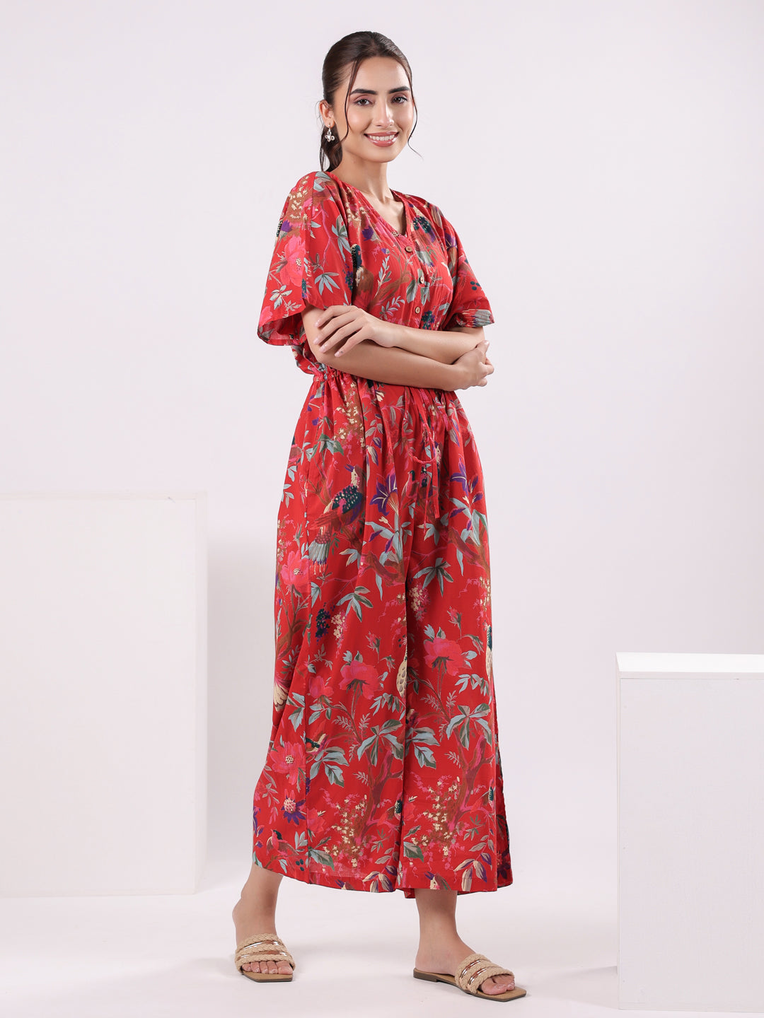 Red Floral Printed Jumpsuit for Women - SanskrutiHomes 