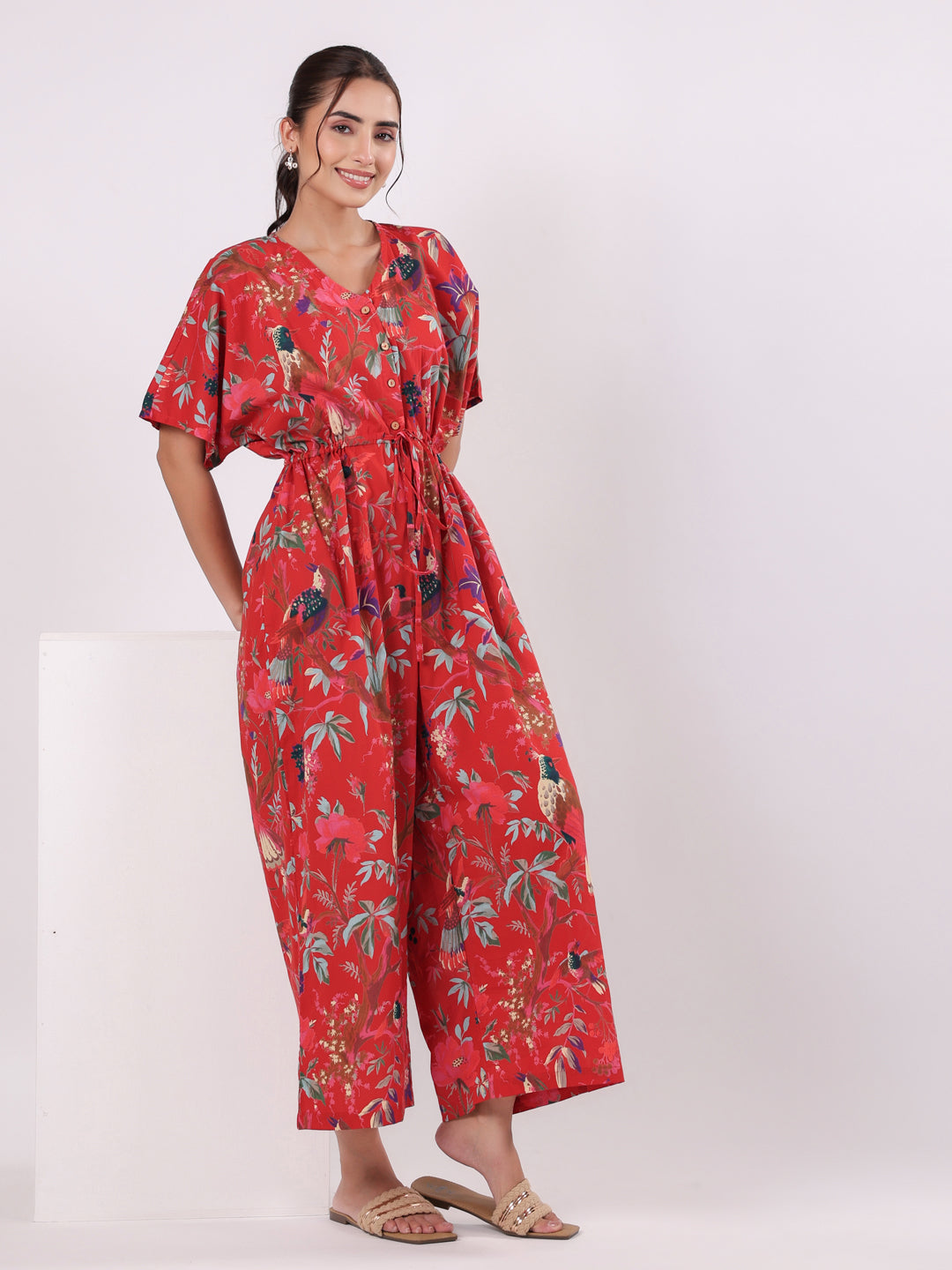 Red Floral Printed Jumpsuit for Women - SanskrutiHomes 