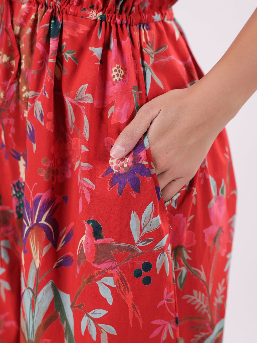 Red Floral Printed Jumpsuit for Women - SanskrutiHomes 