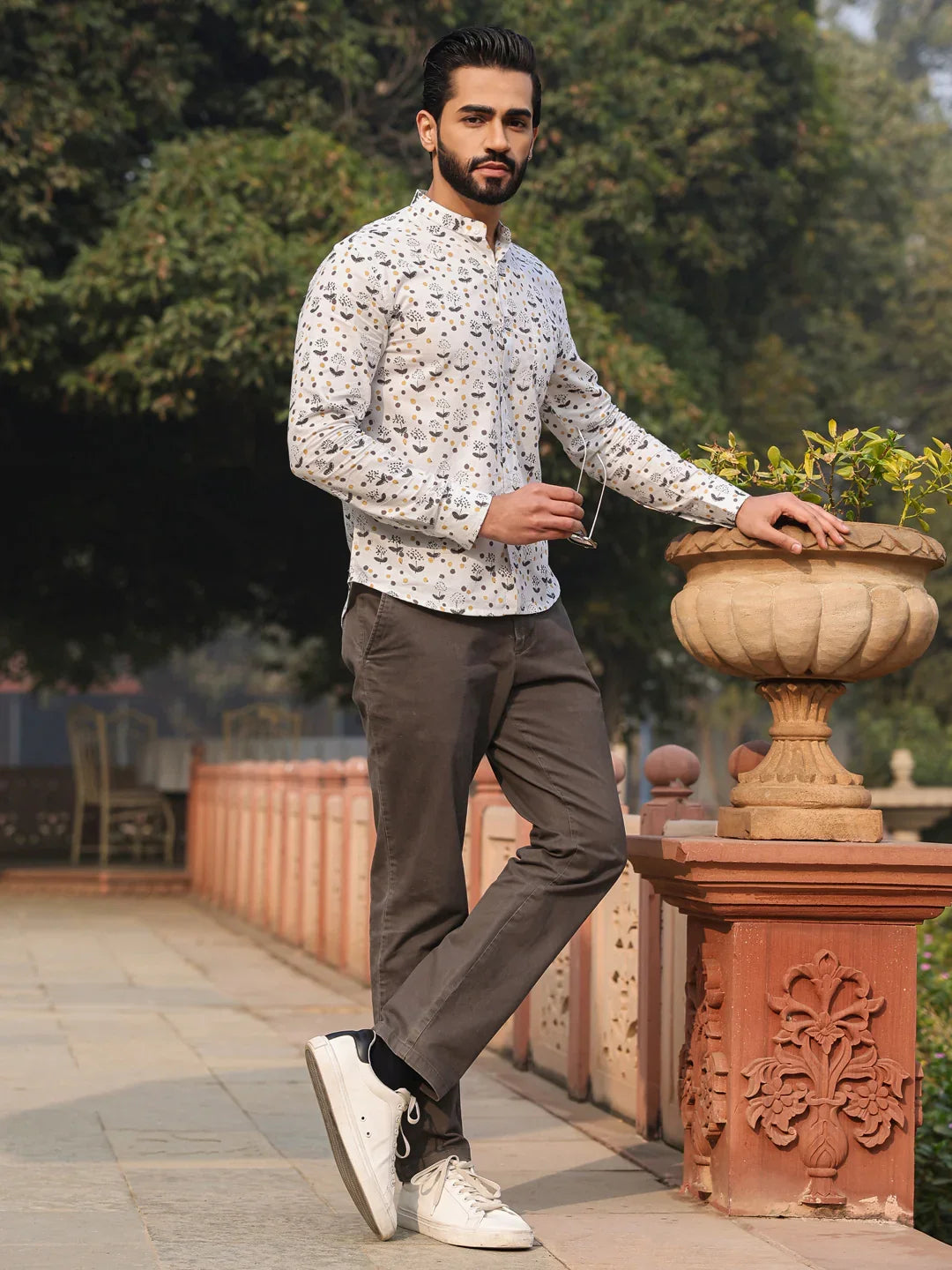 Men's Pure Cotton Off White Casual Shirt - SanskrutiHomes 