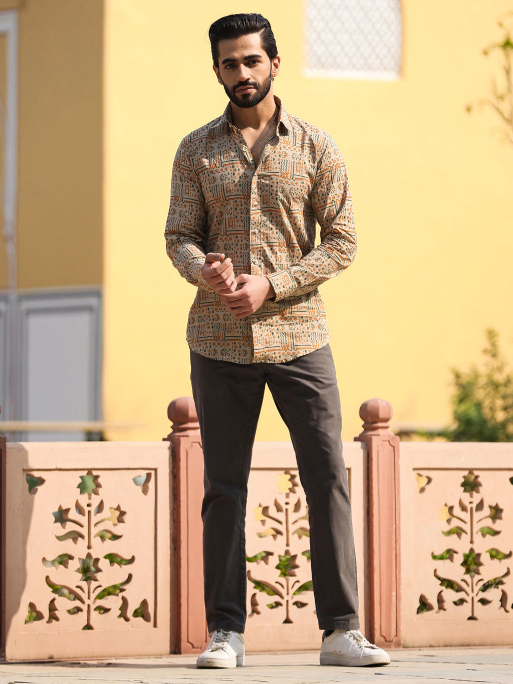Men's Floral Print Pure Cotton Beige Casual Shirt - SanskrutiHomes 