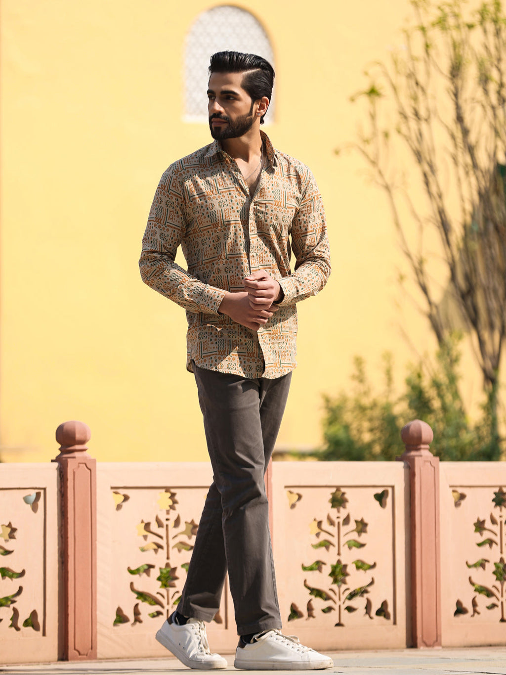 Men's Floral Print Pure Cotton Beige Casual Shirt - SanskrutiHomes 