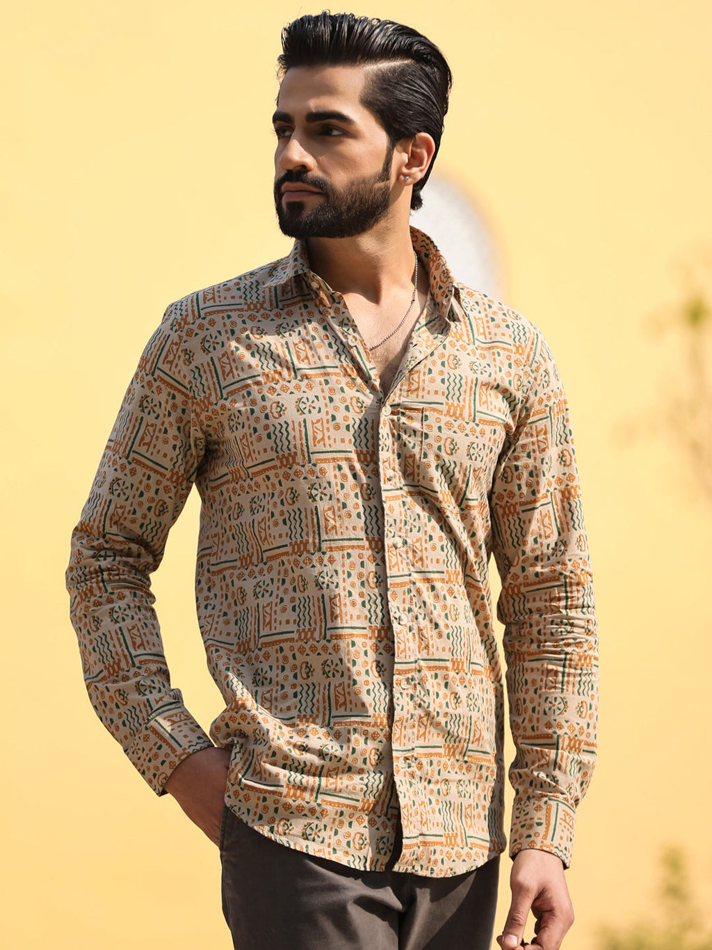Men's Floral Print Pure Cotton Beige Casual Shirt - SanskrutiHomes 