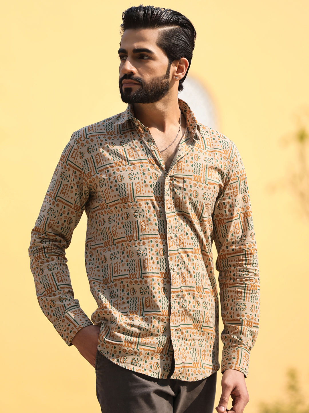 Men's Floral Print Pure Cotton Beige Casual Shirt - SanskrutiHomes 
