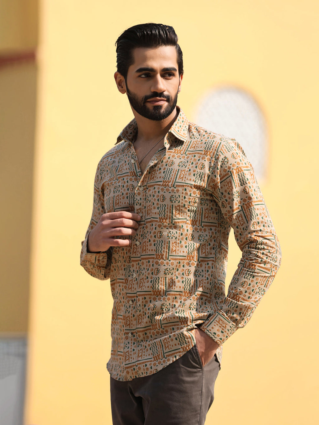 Men's Floral Print Pure Cotton Beige Casual Shirt - SanskrutiHomes 