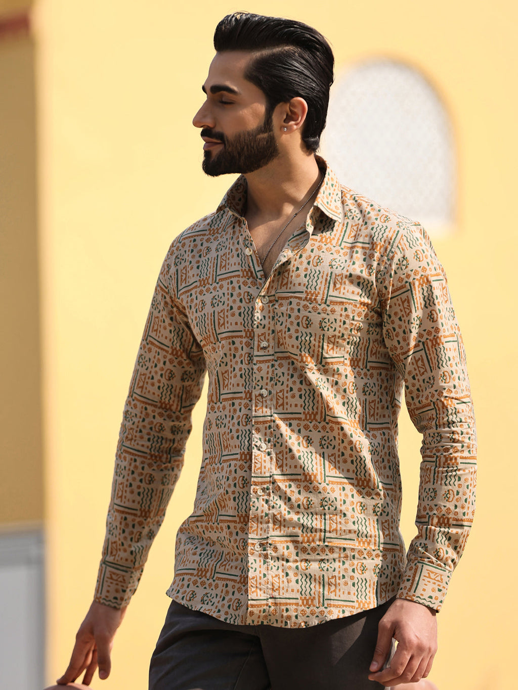 Men's Floral Print Pure Cotton Beige Casual Shirt - SanskrutiHomes 