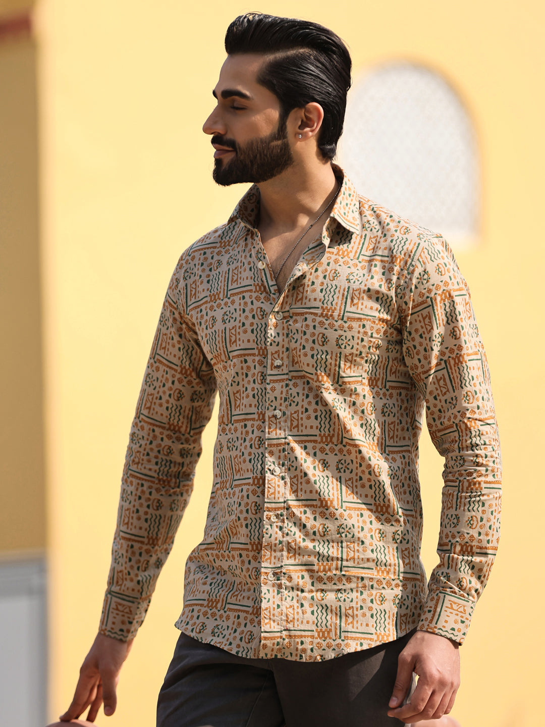 Men's Floral Print Pure Cotton Beige Casual Shirt - SanskrutiHomes 