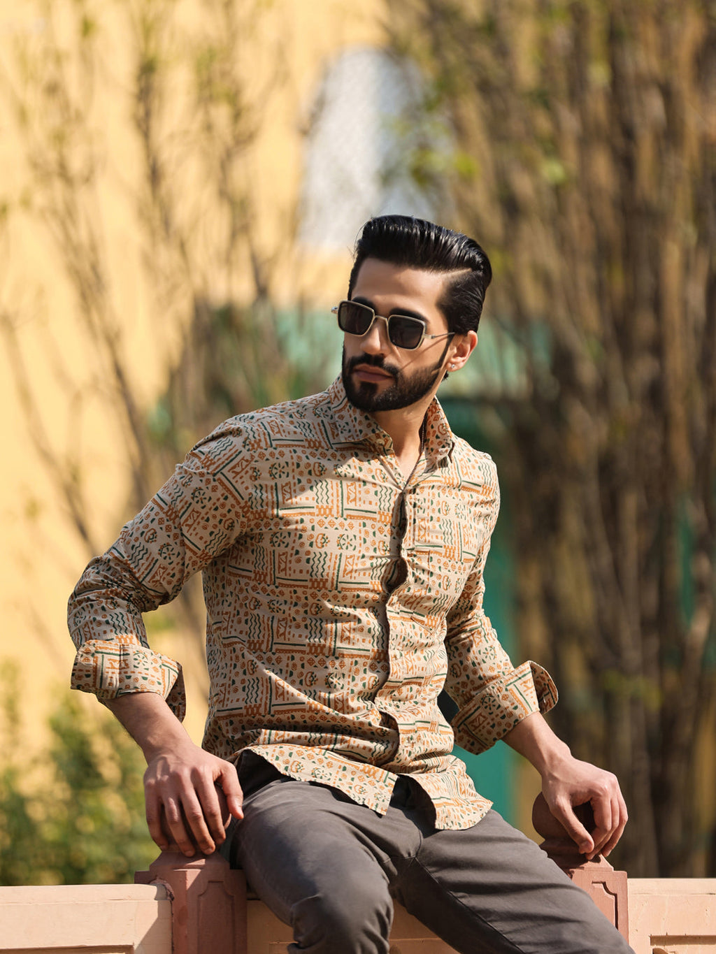 Men's Floral Print Pure Cotton Beige Casual Shirt - SanskrutiHomes 
