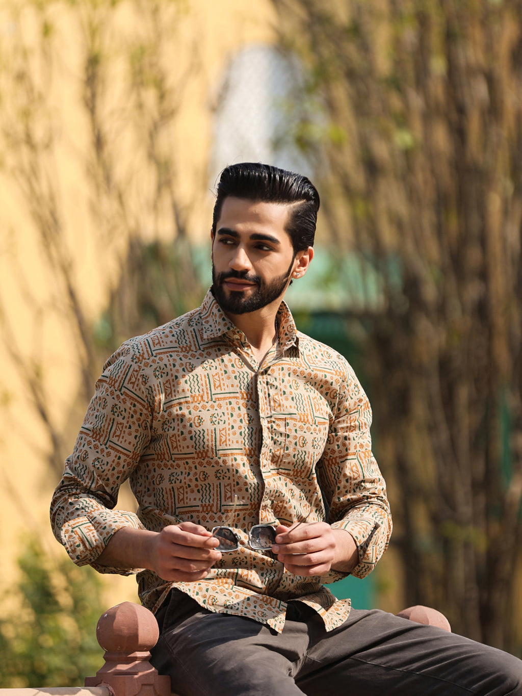 Men's Floral Print Pure Cotton Beige Casual Shirt - SanskrutiHomes 