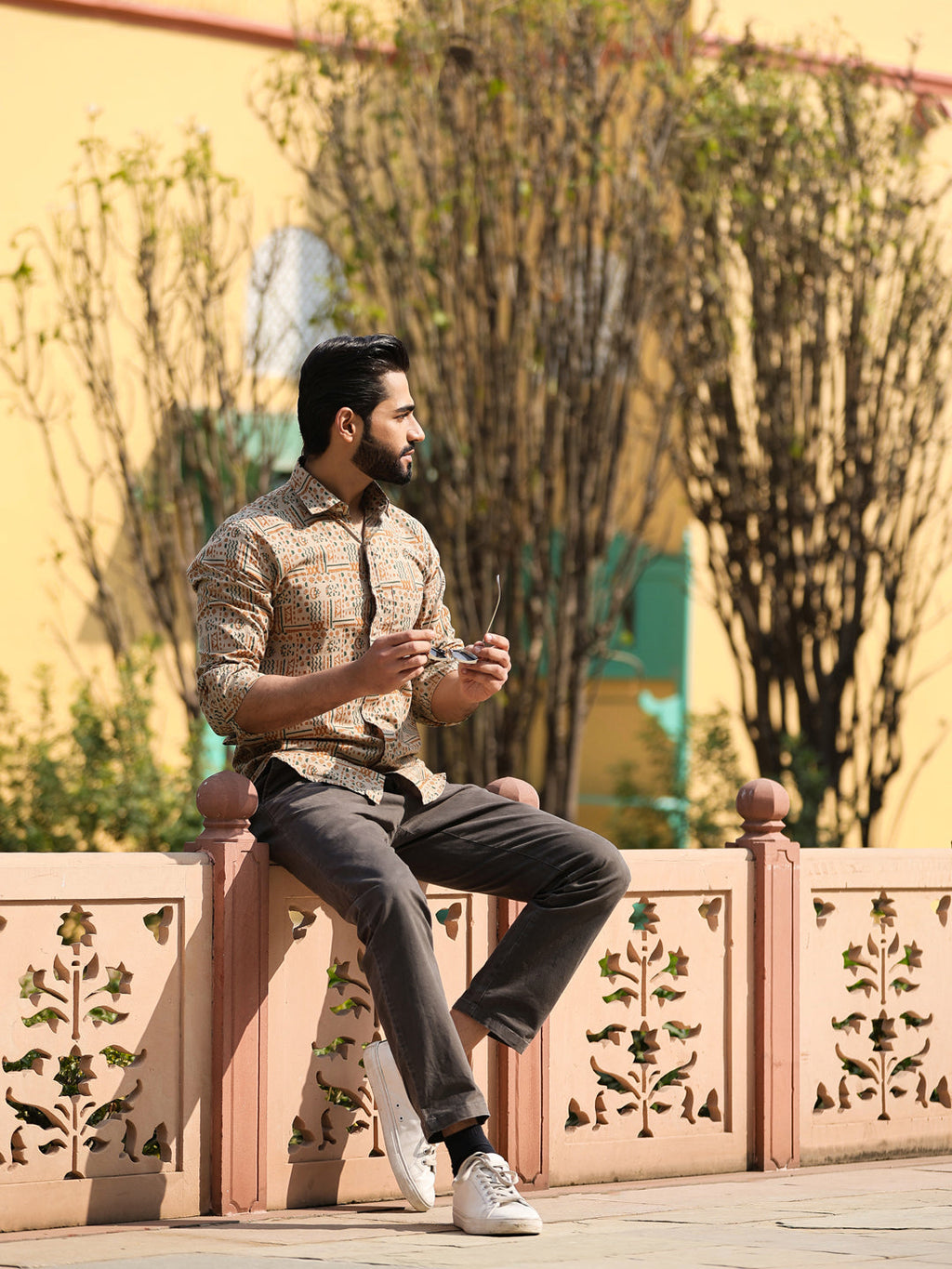 Men's Floral Print Pure Cotton Beige Casual Shirt - SanskrutiHomes 
