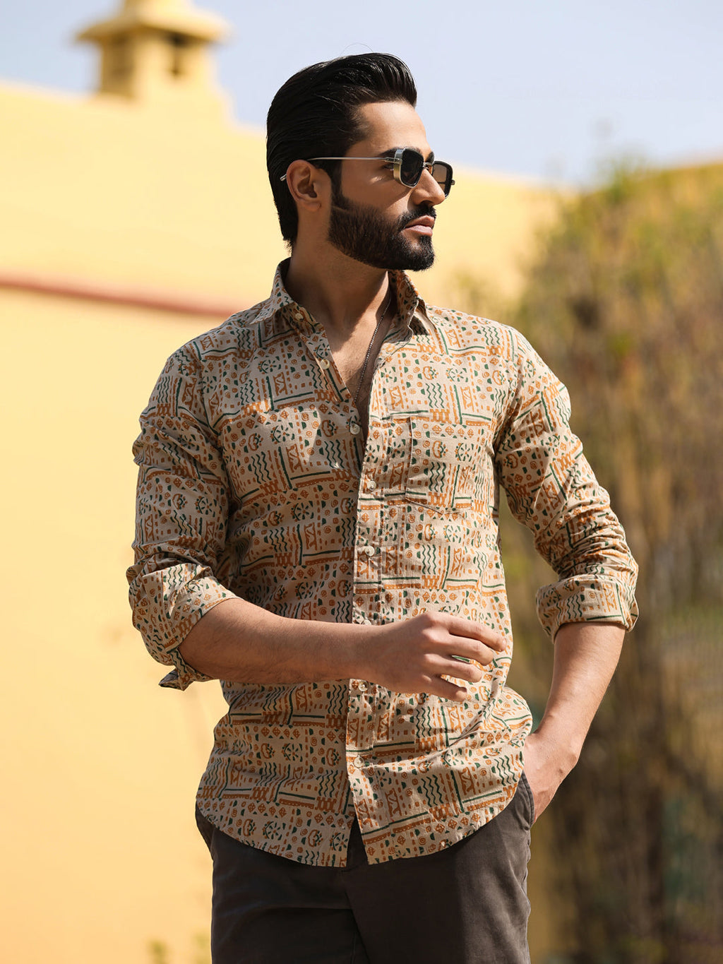 Men's Floral Print Pure Cotton Beige Casual Shirt - SanskrutiHomes 