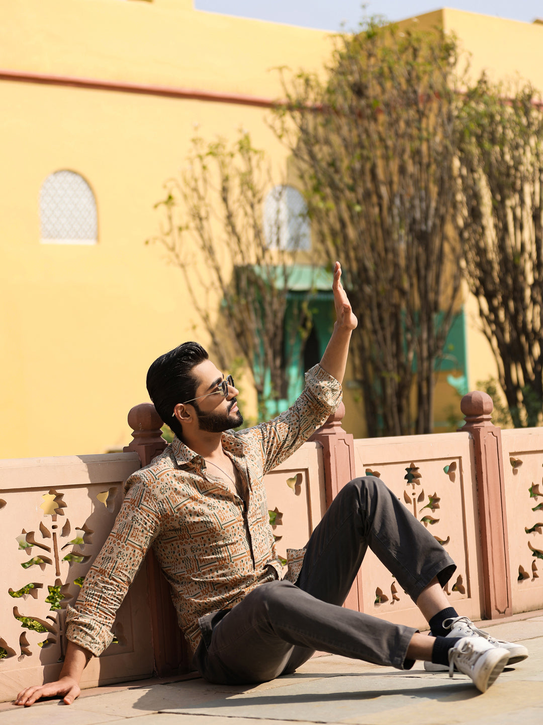 Men's Floral Print Pure Cotton Beige Casual Shirt - SanskrutiHomes 
