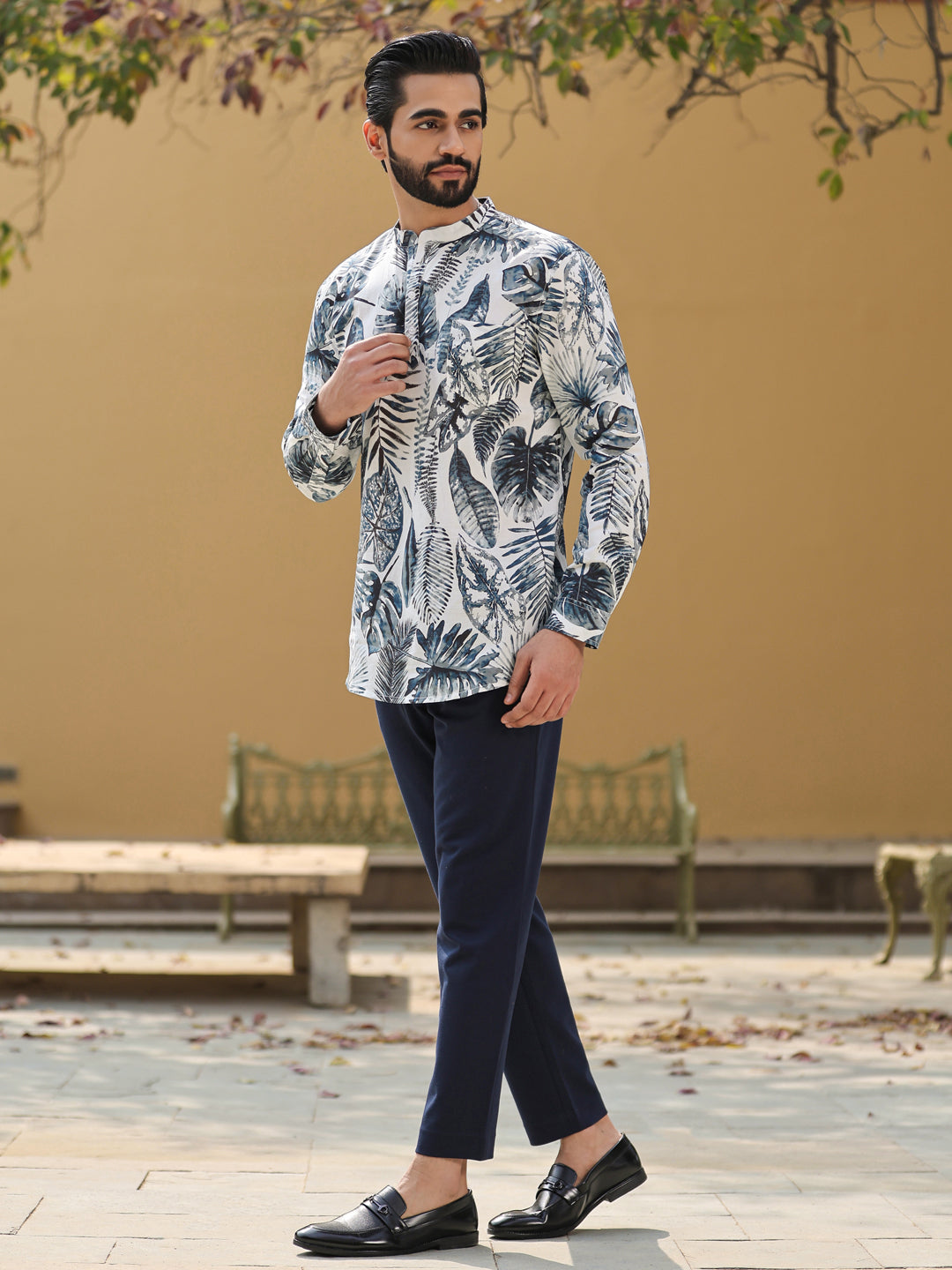 Men's Floral Pure Cotton Grey Printed Kurta - SanskrutiHomes 
