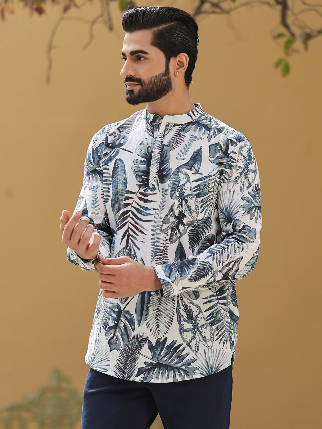 Men's Floral Pure Cotton Grey Printed Kurta - SanskrutiHomes 