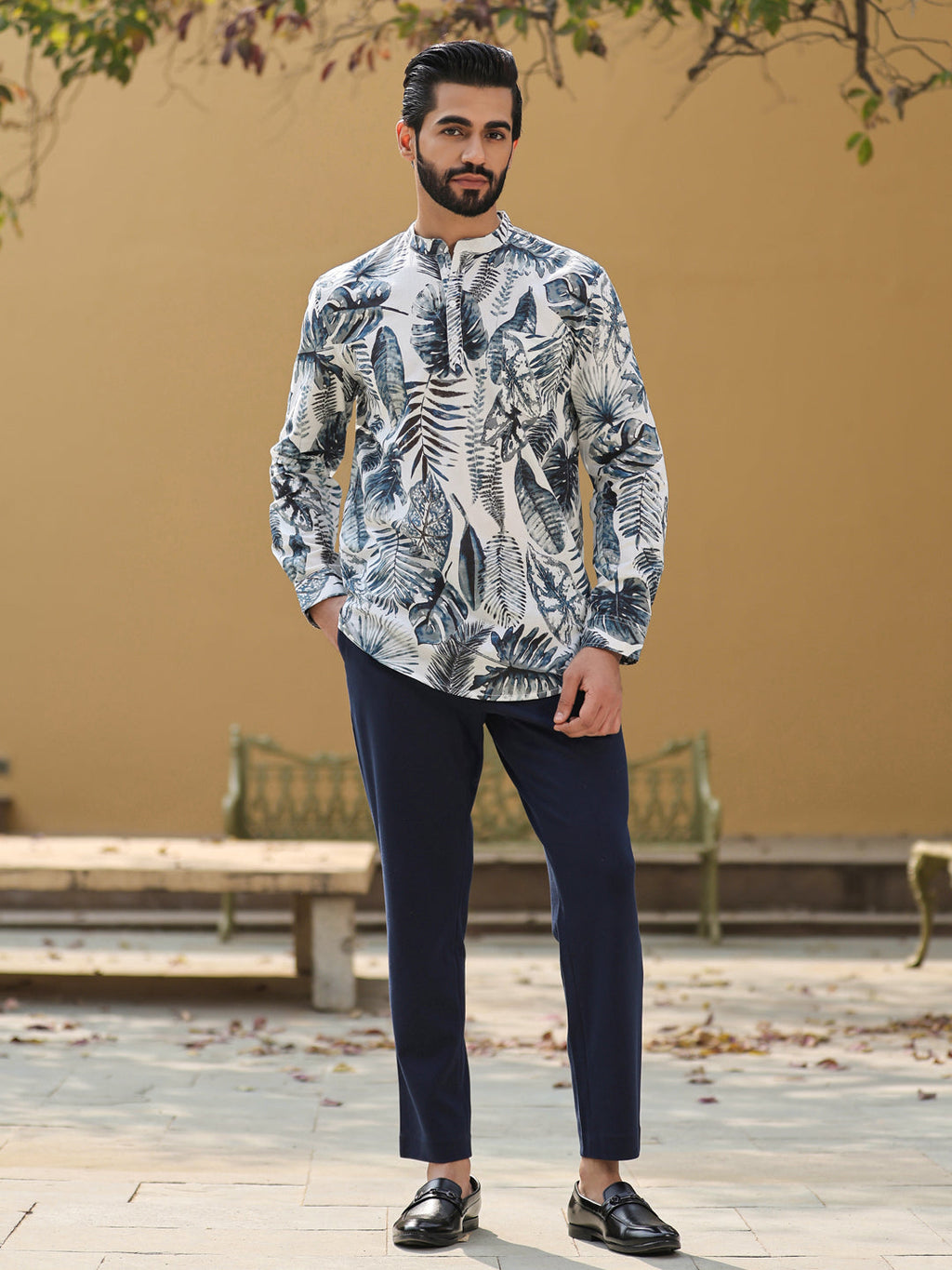 Men's Floral Pure Cotton Grey Printed Kurta - SanskrutiHomes 
