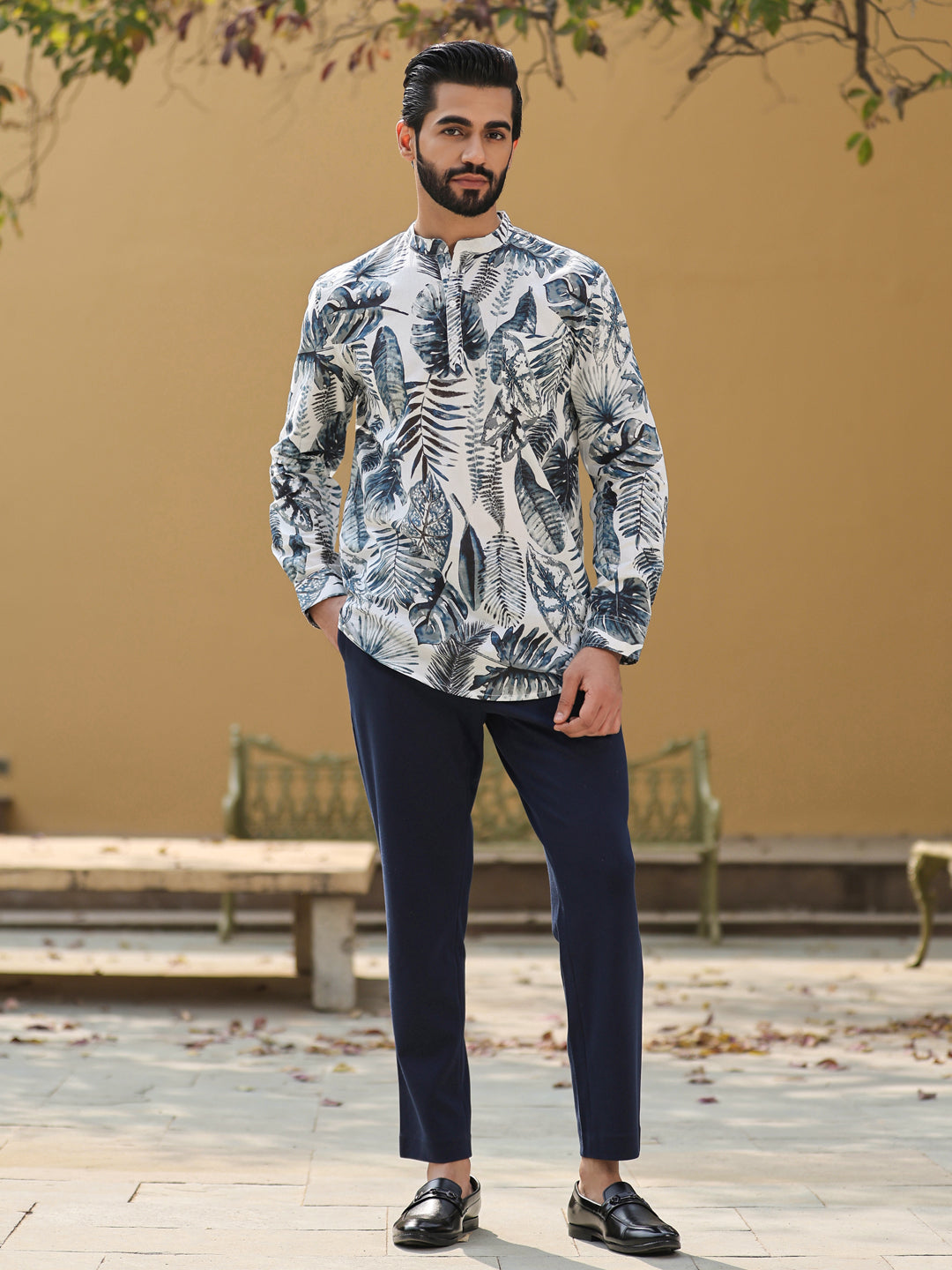 Men's Floral Pure Cotton Grey Printed Kurta - SanskrutiHomes 