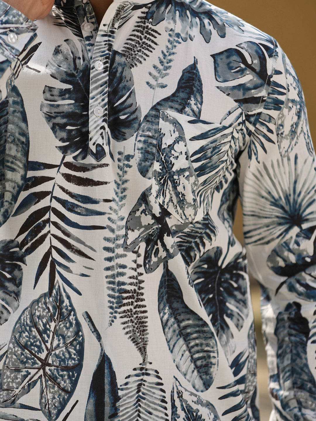 Men's Floral Pure Cotton Grey Printed Kurta - SanskrutiHomes 