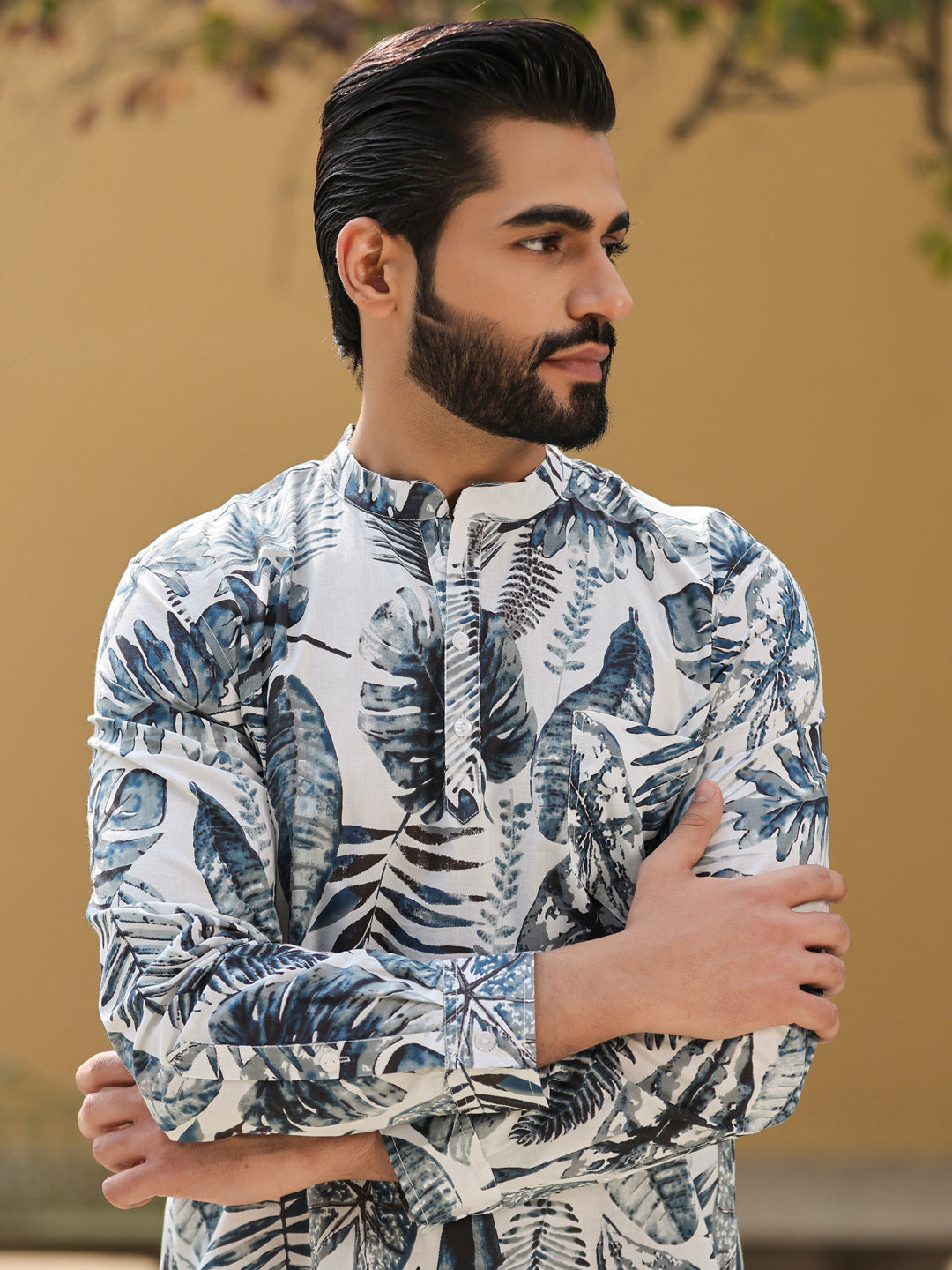 Men's Floral Pure Cotton Grey Printed Kurta - SanskrutiHomes 