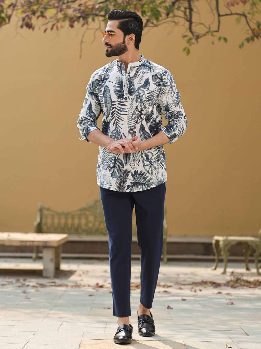 Men's Floral Pure Cotton Grey Printed Kurta - SanskrutiHomes 
