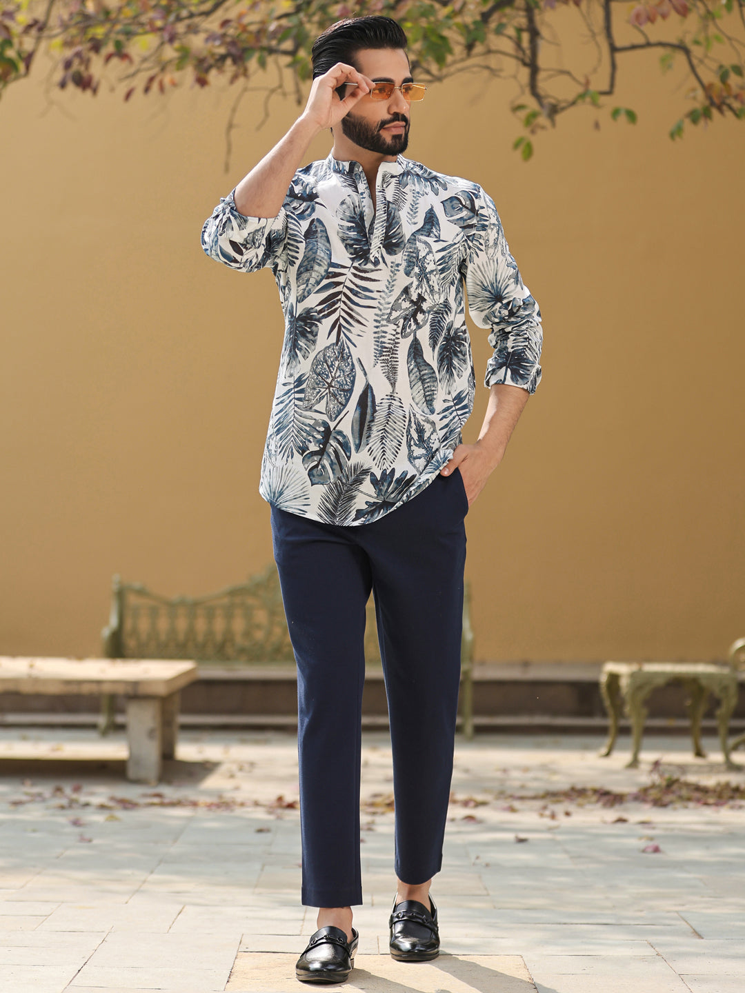 Men's Floral Pure Cotton Grey Printed Kurta - SanskrutiHomes 