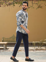 Men's Floral Pure Cotton Grey Printed Kurta - SanskrutiHomes 