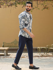 Men's Floral Pure Cotton Grey Printed Kurta - SanskrutiHomes 