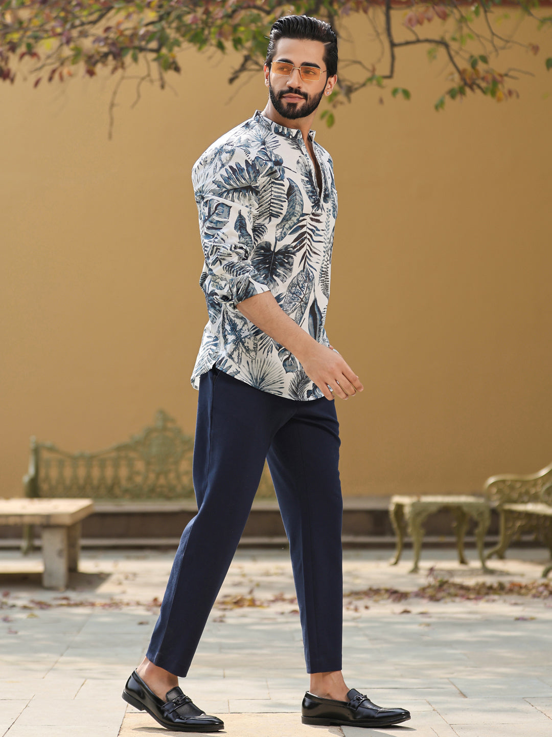 Men's Floral Pure Cotton Grey Printed Kurta - SanskrutiHomes 