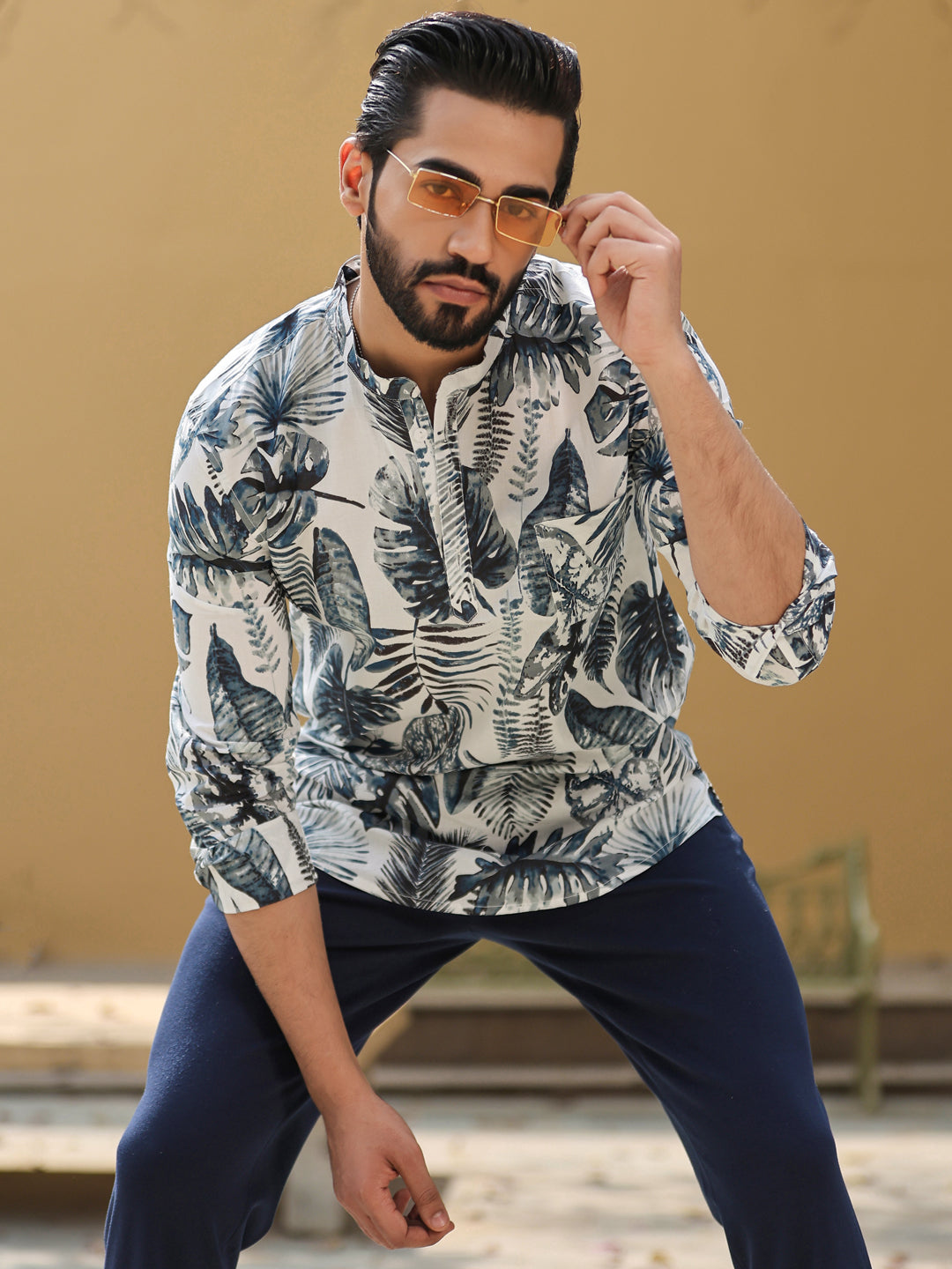 Men's Floral Pure Cotton Grey Printed Kurta - SanskrutiHomes 
