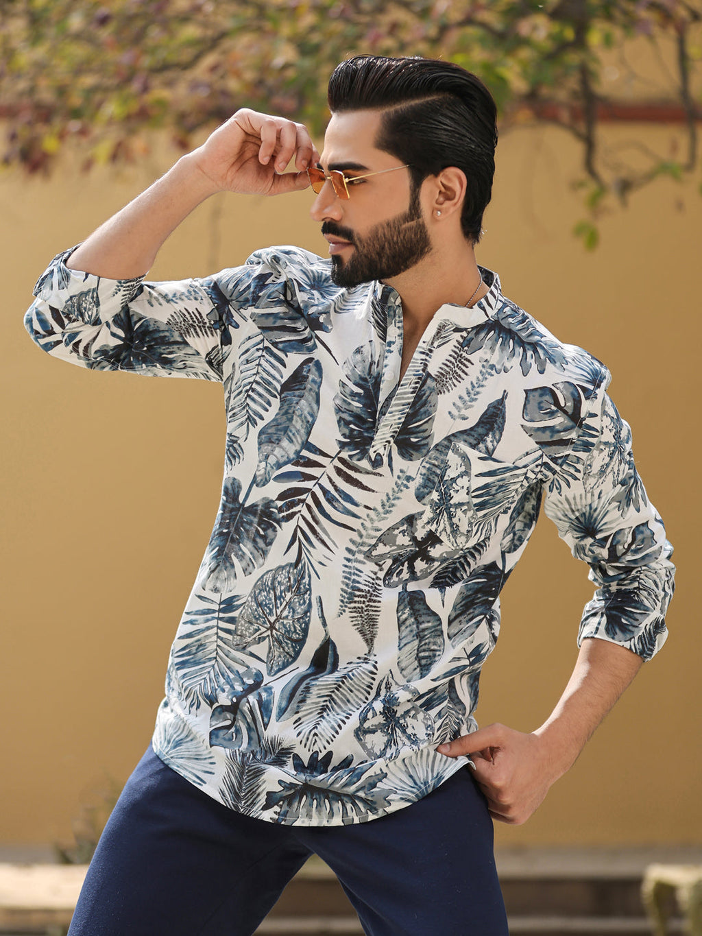 Men's Floral Pure Cotton Grey Printed Kurta - SanskrutiHomes 