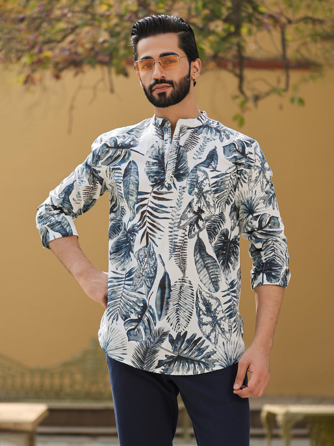 Men's Floral Pure Cotton Grey Printed Kurta - SanskrutiHomes 