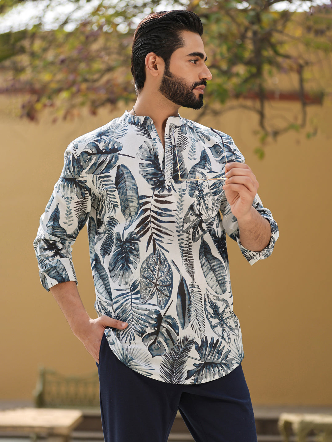Men's Floral Pure Cotton Grey Printed Kurta - SanskrutiHomes 
