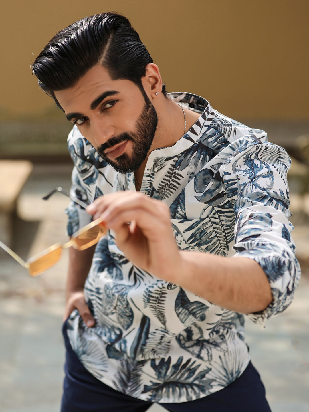 Men's Floral Pure Cotton Grey Printed Kurta - SanskrutiHomes 