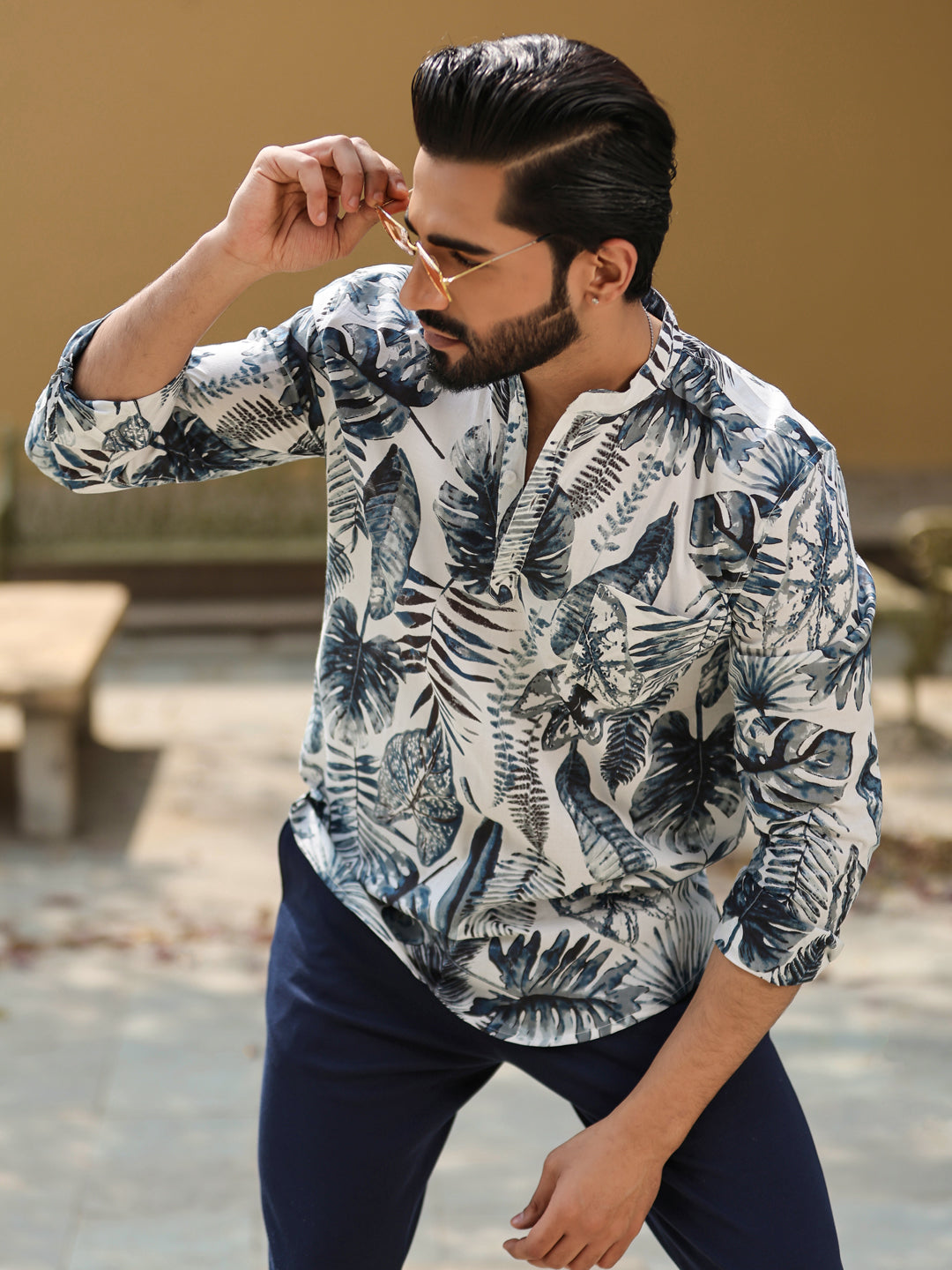 Men's Floral Pure Cotton Grey Printed Kurta - SanskrutiHomes 