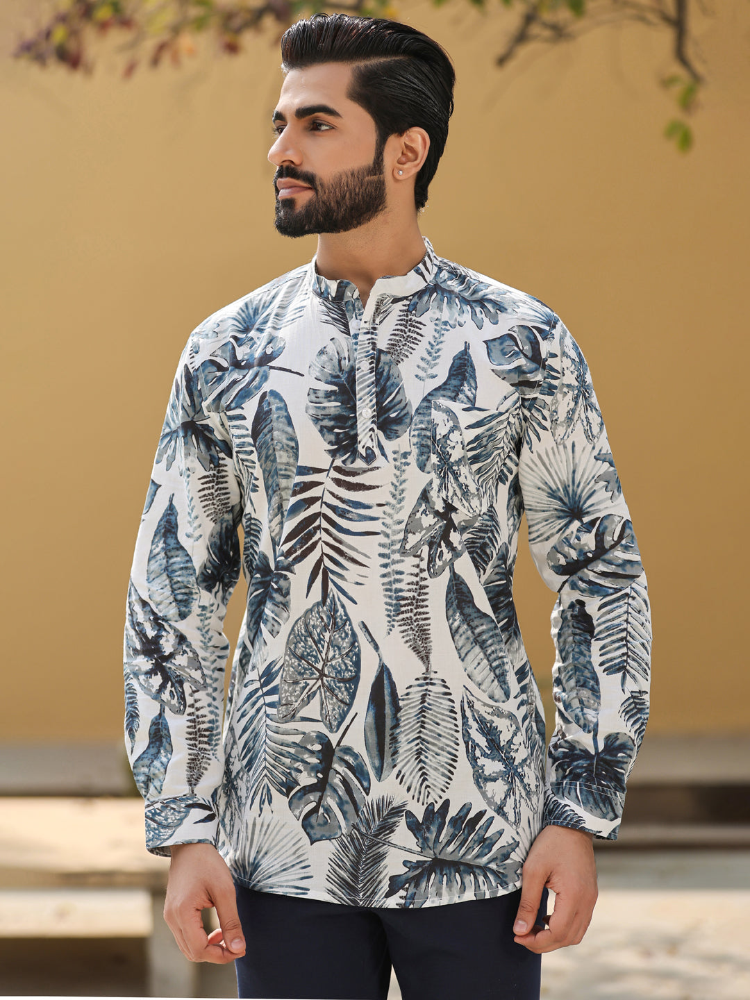 Men's Floral Pure Cotton Grey Printed Kurta - SanskrutiHomes 