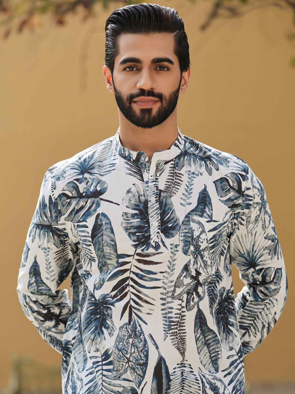 Men's Floral Pure Cotton Grey Printed Kurta - SanskrutiHomes 